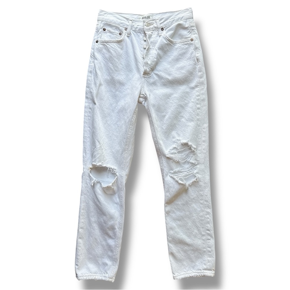 AGOLDE Riley White High Rise Distressed Button Fly Straight Crop Jeans Waist 24 - Picture 10 of 14